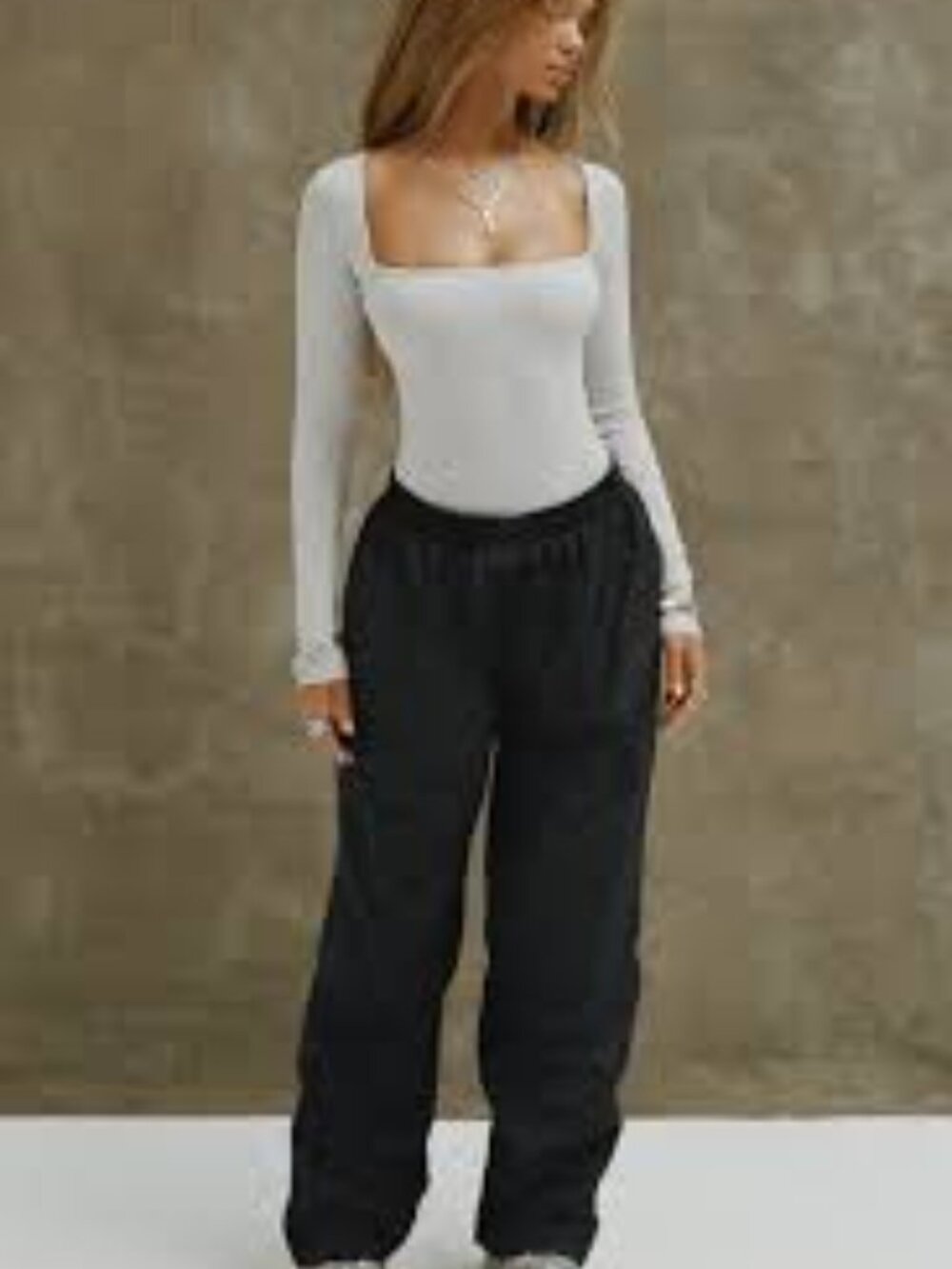 Joah Brown Square Neck Long Sleeve in Pearl Grey Rib - Picture 2 of 6